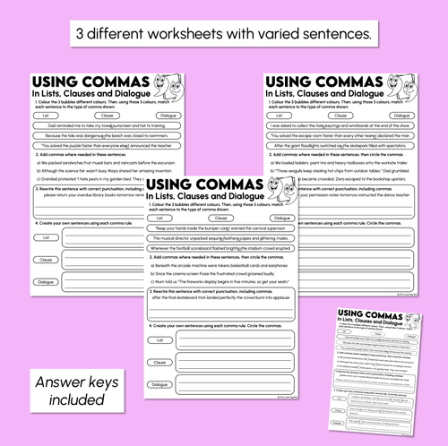 Resource preview 3 for Using Commas in Lists, Clauses & Dialogue - Commas Worksheet
