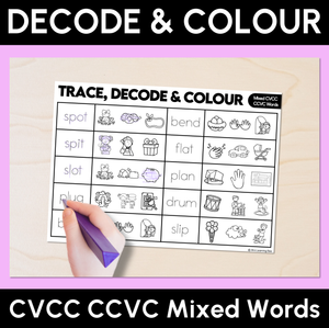 Trace, Decode & Colour - Mixed CVCC CCVC Words Worksheets