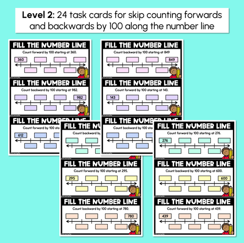 Resource preview 3 for Number Line Task Cards - Skip Counting by 10 or 100 - 3-Digit & 4-Digit Numbers