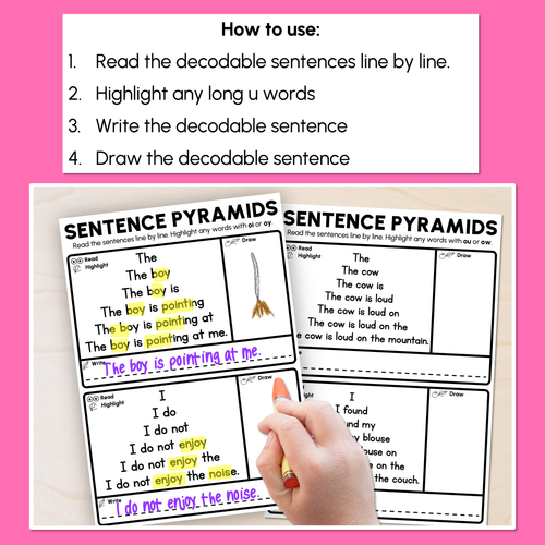 Resource preview 2 for Decodable Sentence Pyramid Worksheets - Diphthongs OI/OY/OU/OW