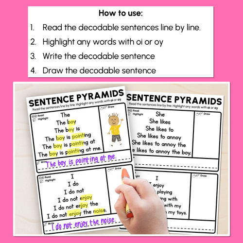 Resource preview 2 for Decodable Sentence Pyramid Worksheets - Diphthongs OI / OY