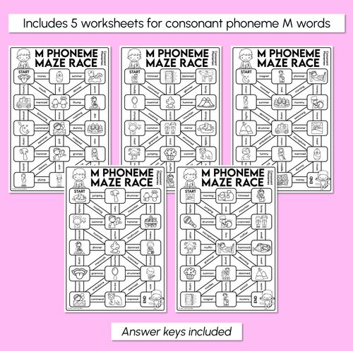 Resource preview 3 for Consonant Phoneme M Words Maze Race - Consonant M Words Worksheets
