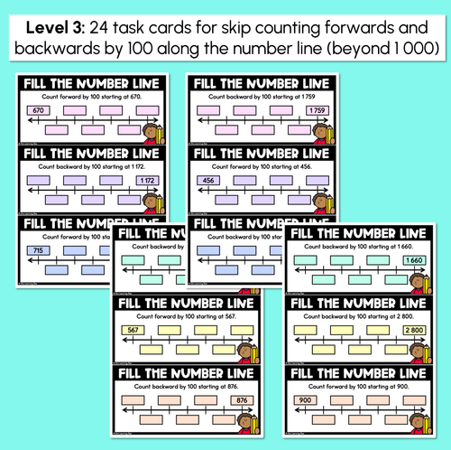 Resource preview 4 for Number Line Task Cards - Skip Counting by 10 or 100 - 3-Digit & 4-Digit Numbers
