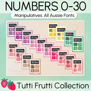 Number Posters 0-30 with ten frames, base ten blocks, tallies & fingers - The Tutti Frutti Collection - Colourful Classroom Decor