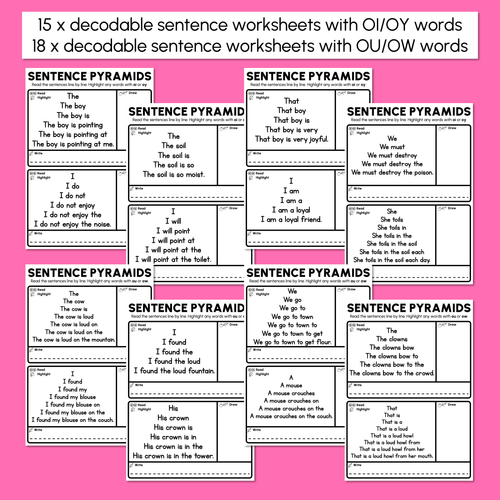 Resource preview 3 for Decodable Sentence Pyramid Worksheets - Diphthongs OI/OY/OU/OW