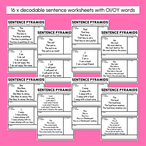 Resource preview 3 for Decodable Sentence Pyramid Worksheets - Diphthongs OI / OY