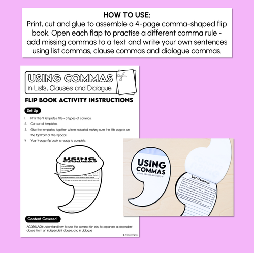 Resource preview 2 for Using Commas in Lists, Clauses & Dialogue - Commas Flip Book Activity