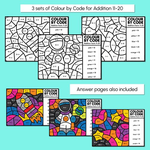 Resource preview 3 for Colour By Code - Addition Facts 1-10 & 11-20 - Space Theme