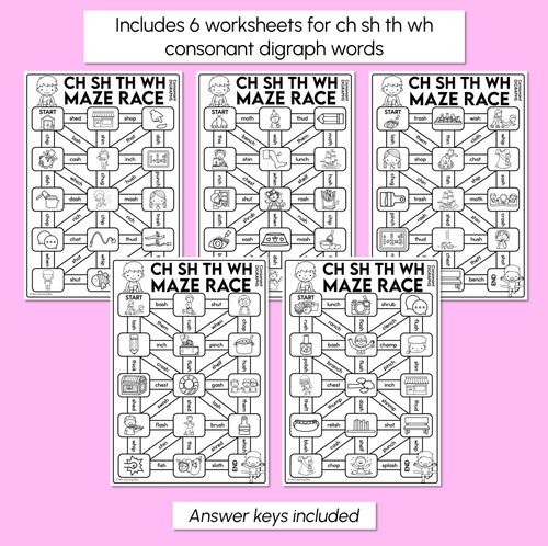 Resource preview 3 for Consonant Digraph CH SH TH WH Words Maze Race - CH SH TH WH Words Worksheets