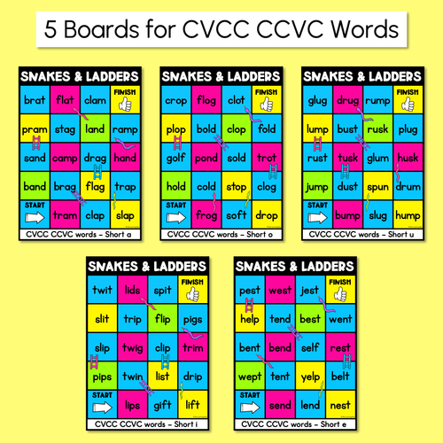 Resource preview 3 for Kindergarten Phonics Game for CVC Words and CVCC CCVC Words - Snakes & Ladders