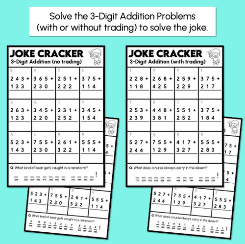 Resource preview 3 for Joke Code Cracker - 2-Digit & 3-Digit Addition - With & Without Trading - Addition Worksheets