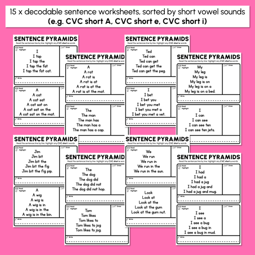 Resource preview 3 for Decodable Sentence Pyramid Worksheets - CVC Words Sorted by Vowel Sound