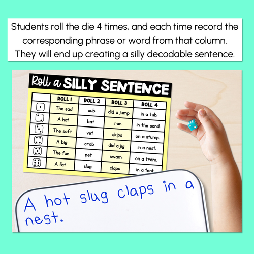 Resource preview 3 for Decodable Sentences with Mixed CVC CVCC CCVC Words - Roll a Silly Sentence Phonics