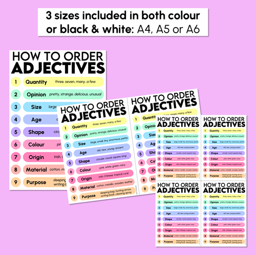 Resource preview 3 for Order of Adjectives – Rainbow Poster Display