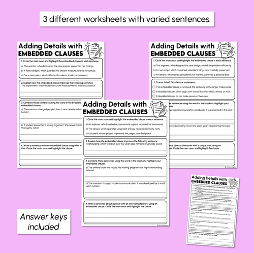 Resource preview 3 for Adding Details with Embedded Clauses Worksheet