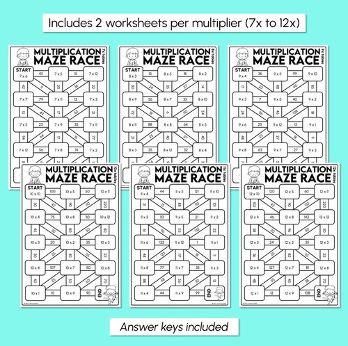 Resource preview 4 for Multiplication Maze Race Worksheets - Multiply by 2 to 12
