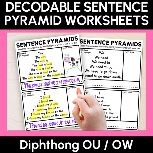Resource preview 1 for Decodable Sentence Pyramid Worksheets - Diphthongs OU / OW
