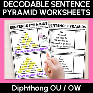 Decodable Sentence Pyramid Worksheets - Diphthongs OU / OW