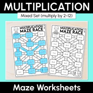 Multiplication Maze Race Worksheets - MIXED Multiplication Facts (2 to 12)
