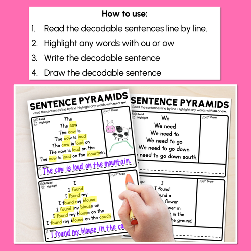 Resource preview 2 for Decodable Sentence Pyramid Worksheets - Diphthongs OU / OW