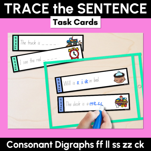 Resource preview 1 for Consonant Digraphs ff ll ss zz ck - Trace the Sentence Task Cards - Missing Words