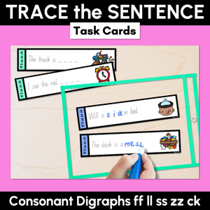 Consonant Digraphs ff ll ss zz ck - Trace the Sentence Task Cards - Missing Words