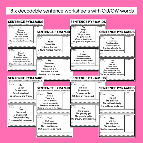 Resource preview 3 for Decodable Sentence Pyramid Worksheets - Diphthongs OU / OW