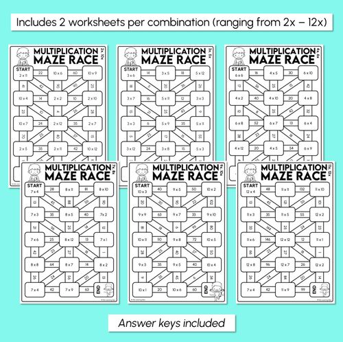 Resource preview 3 for Multiplication Maze Race Worksheets - MIXED Multiplication Facts (2 to 12)