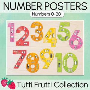 Numbers 0-20 Display with ten frames, base ten blocks, tallies & fingers - The Tutti Frutti Collection - Colourful Classroom Decor