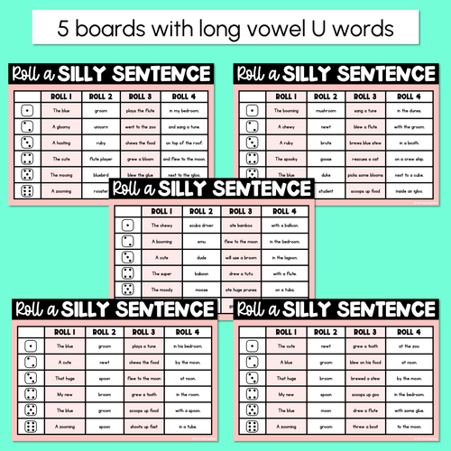 Resource preview 2 for Decodable Sentences with Long Vowel U Words - Roll a Silly Sentence Phonics