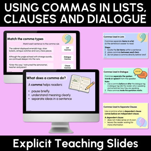 Resource preview 1 for Using Commas in Lists, Clauses & Dialogue Explicit Teaching Slides