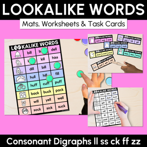 LOOKALIKE WORDS with Digraphs LL SS CK FF ZZ Words - Task Cards & Printables