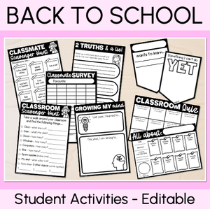 Editable Back to School Student Activities for Grades 1 - 6