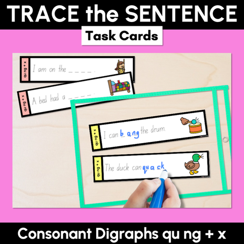 Resource preview 1 for Consonant Digraphs qu ng + x - Trace the Sentence Task Cards - Missing Words
