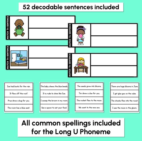 Resource preview 2 for Long Vowel U Word Decodable Sentences - Read, Match & Write