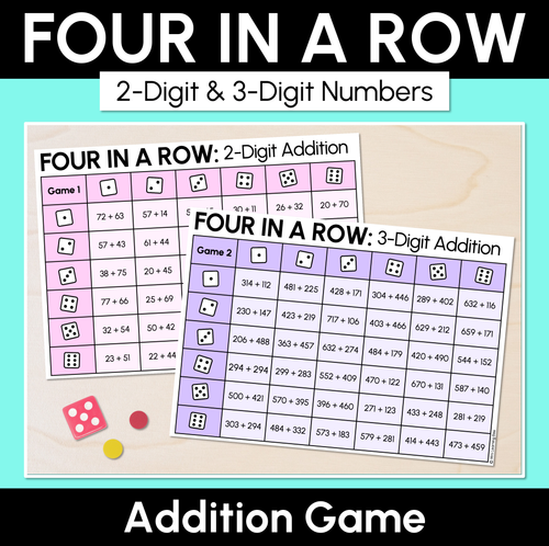 Resource preview 1 for Four in a Row - 2-Digit & 3-Digit Addition Game