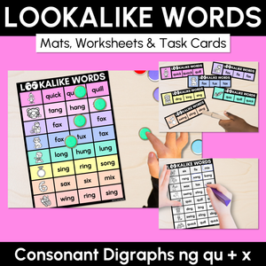 LOOKALIKE WORDS with Digraphs NG QU X Words - Task Cards & Printables