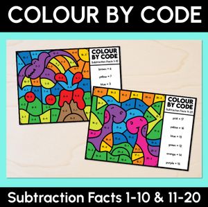 Colour By Code - Subtraction Facts 1-10 & 11-20 - Dinosaur Theme