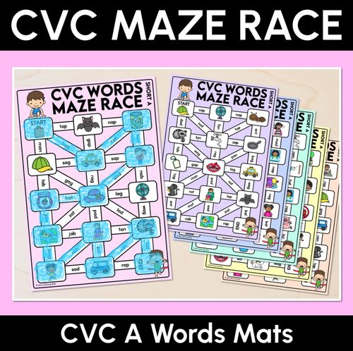 CVC Words Maze Race - CVC A Words Mats - Mrs Learning Bee
