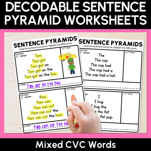 Resource preview 1 for Decodable Sentence Pyramid Worksheets - Mixed CVC Words