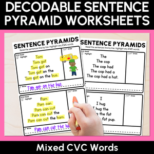 Decodable Sentence Pyramid Worksheets - Mixed CVC Words