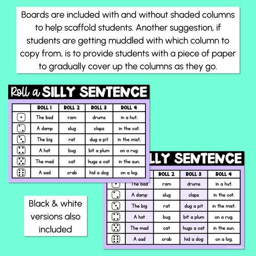 Resource preview 4 for Decodable Sentences with Mixed CVC CVCC CCVC Words - Roll a Silly Sentence Phonics