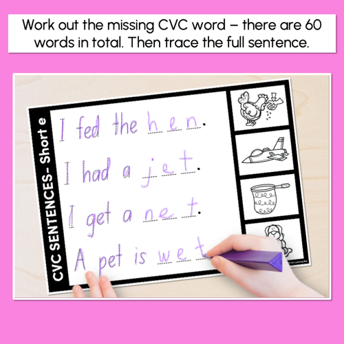 Resource preview 4 for CVC WORD SENTENCES WORKSHEETS - Trace the Sentence with missing CVC words