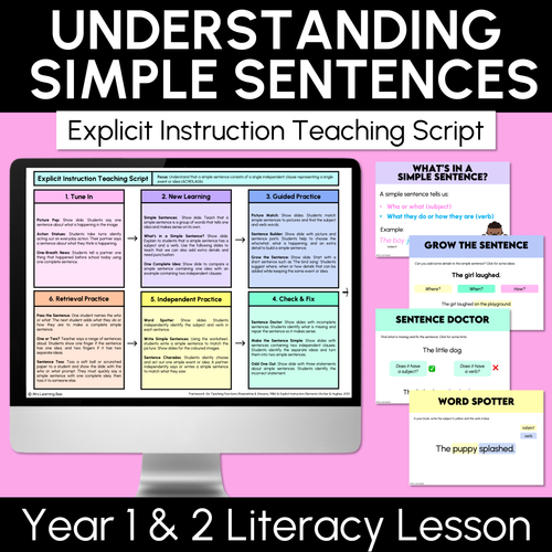 Resource preview 1 for Understanding Simple Sentences - Explicit Instruction Teaching Script - Year 1 & 2 Simple Sentences