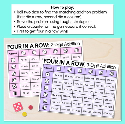 Resource preview 2 for Four in a Row - 2-Digit & 3-Digit Addition Game