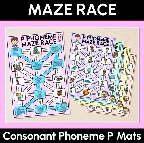 Resource preview 1 for Consonant Phoneme P Words Maze Race - Consonant P Words Mats