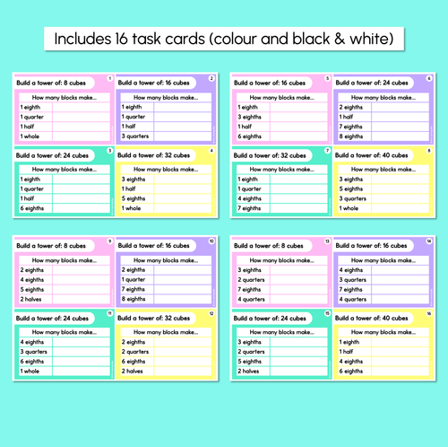 Resource preview 3 for Halves, Quarters, Eighths Fractions - Fraction Tower Task Cards
