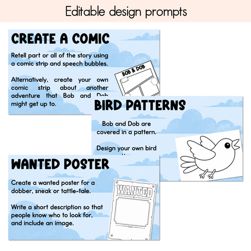 Resource preview 4 for Bob and Dob Editable Slides - Differentiated Writing, Maths and Design Prompts - Book Week 2026
