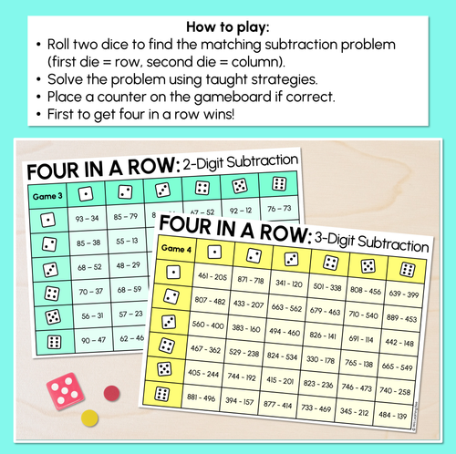 Resource preview 2 for Four in a Row - 2-Digit & 3-Digit Subtraction Game