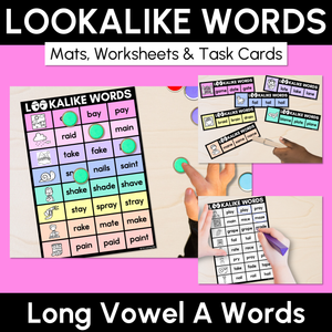 LOOKALIKE WORDS with LONG A Words - LONG VOWEL A Words - Task Cards & Printables